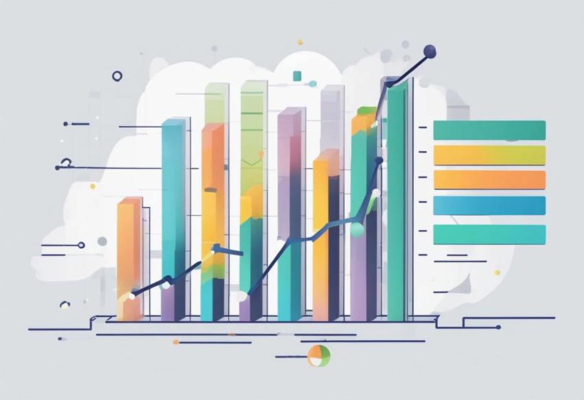 An animated image: a 3D bar chart with a line graph running through it, with a cloud as the background