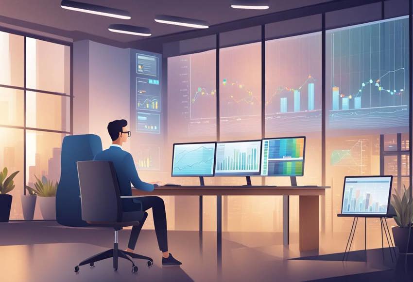 An animated image: a man sitting at a desk with three screens that feature graphs. He's sitting in an office and graphs and charts are superimposed onto the walls.