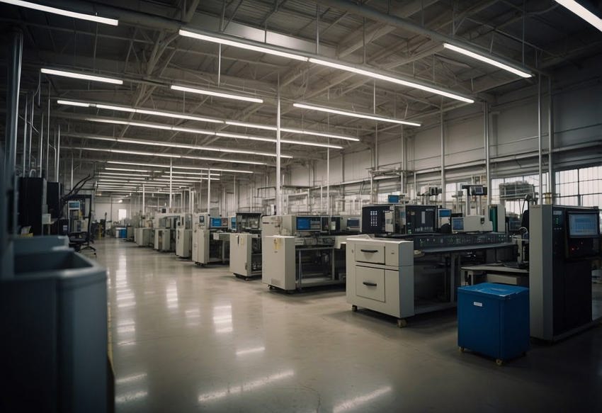 A row of manufacturing machines in a manufacturing warehouse.