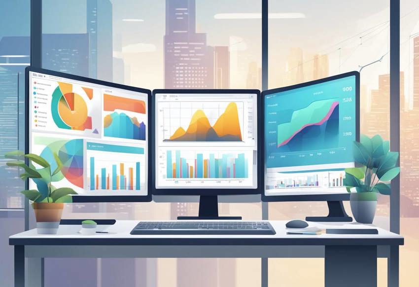 An animated image: three computer screens with graphs, bar charts and pie charts on a table with a keyboard, mouse and two plants. The backdrop is a window showing a cityscape.