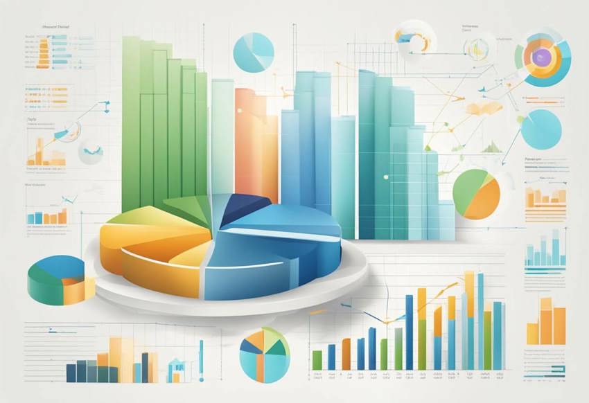 An animated image: A bar chart in the background with a 3D pie chart in front of it, and 2D visualisations of bar charts and pie charts around the perimeter of the image.