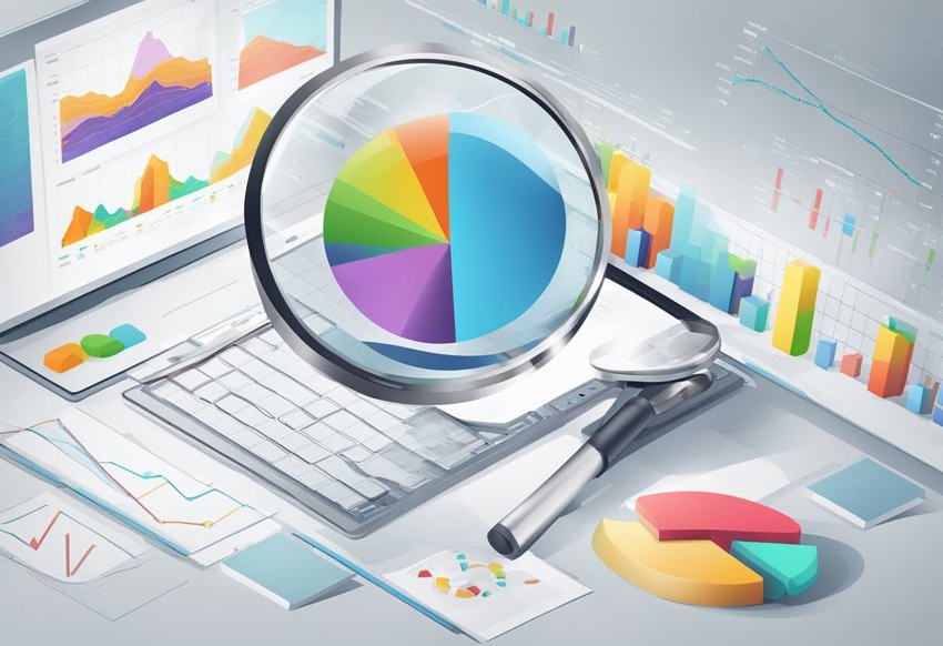 An animated image: a magnifying class on a pie chart against a background of a computer screen, keyboard and papers featuring charts and graphs.