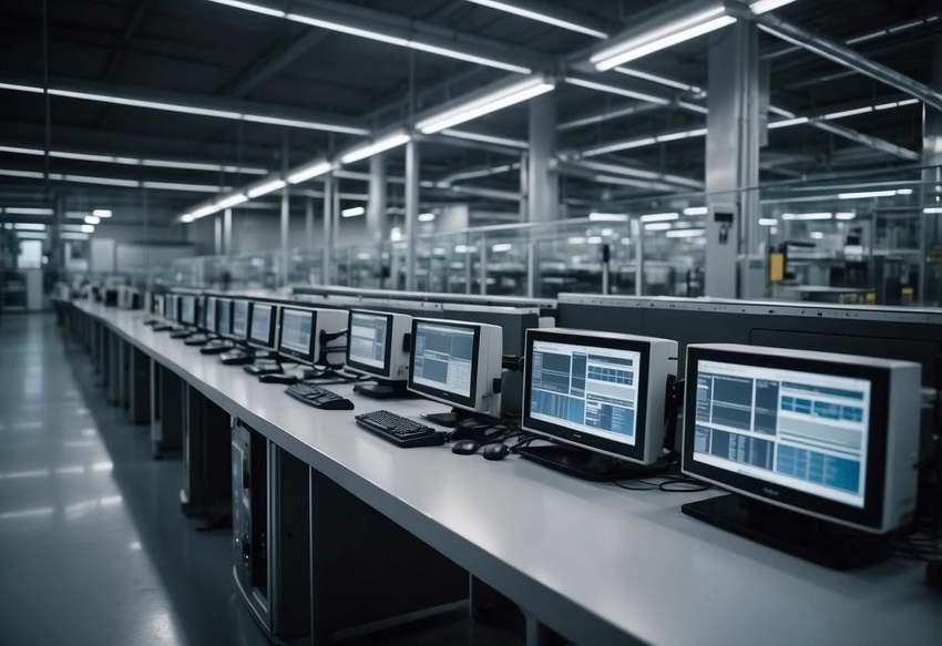 A row of computers featuring ERP software on the screen in a manufacturing warehouse.