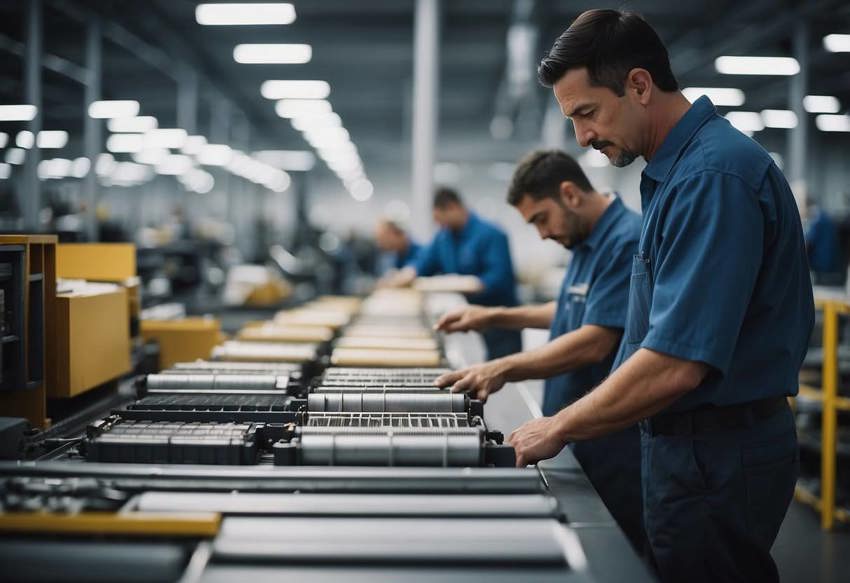 Three men in warehousing uniforms working on a production line in a warehouse