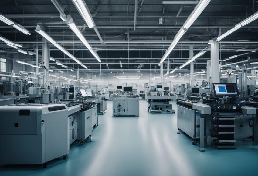 A photo of a manufacturing floor with a range of manufacturing technology.