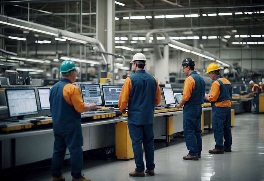 Four men in warehousing safety clothing and hard hats standing at a set of computers in a warehouse.